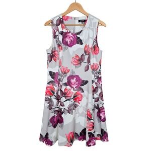 DKNY Women's Grey Pink Large Floral Rose Print Fit & Flare Dress Pockets 12